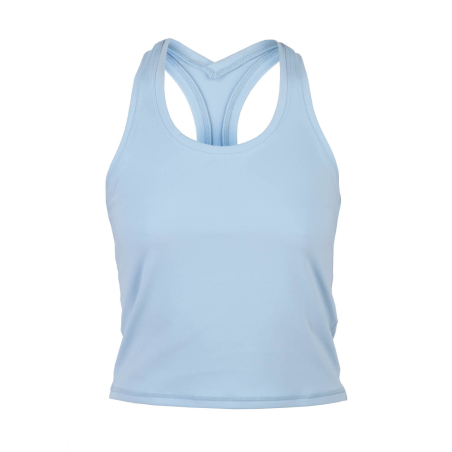 Top corto de yoga azul con espalda nadadora